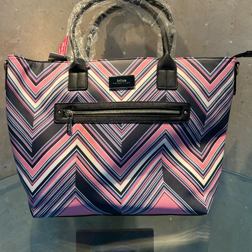 Trina Turk Chevron Tote in Pink and Navy - Picture 9 of 16